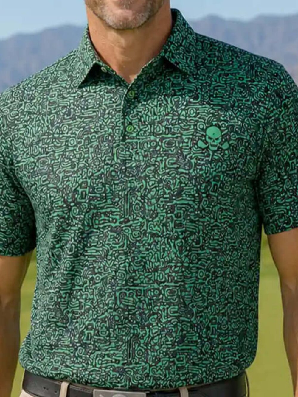 TATTOO GOLF Polo Men's XL Green Black Abstract Skull Golf Stretch Active Casual